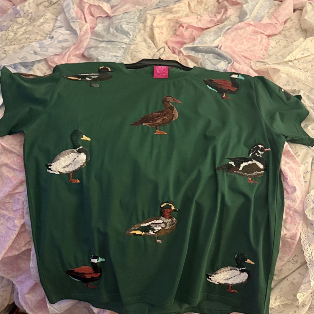 Green T-Shirt with Duck Embroidery